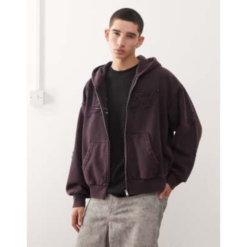 Weekday square zip up hoodie with graphic print and raw edges in purple acid wash