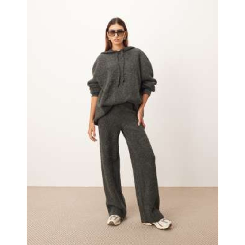 ARRANGE boucle hoodie and knit straight leg pants in charcoal