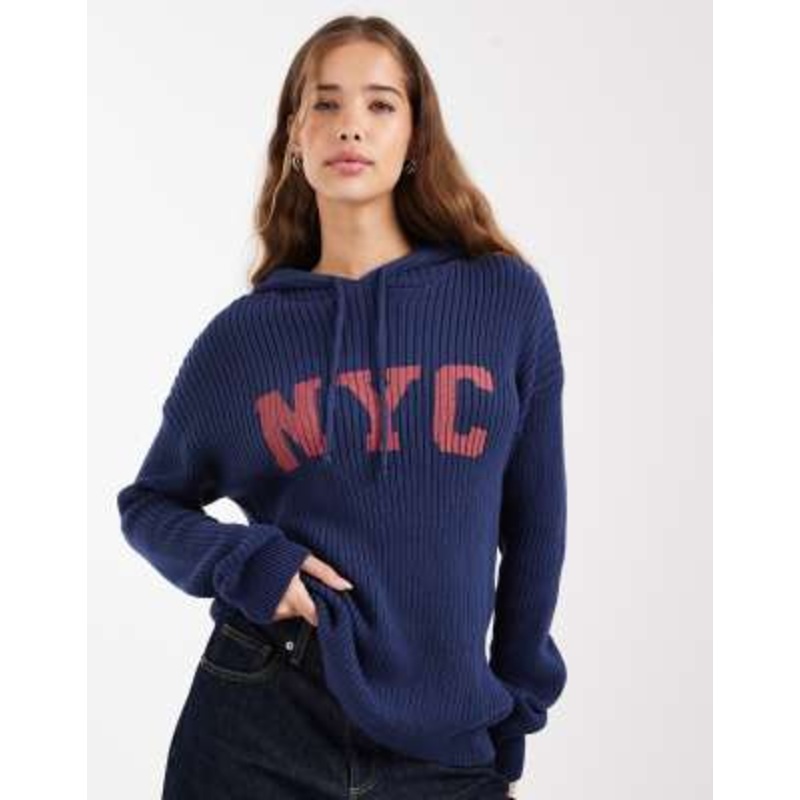 Daisy Street loose knit hoodie with graphic in navy