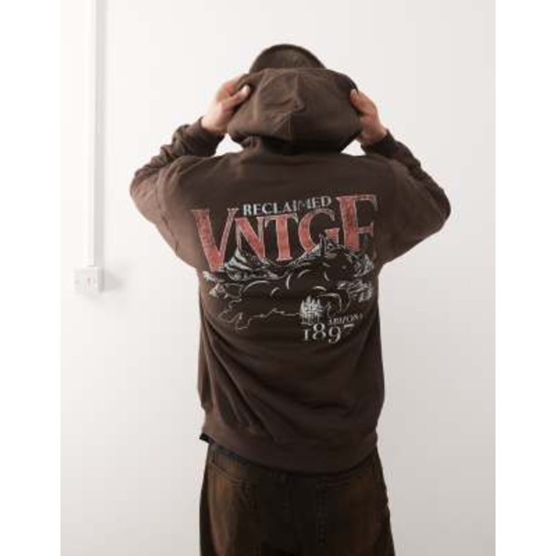 Reclaimed Vintage oversized hoodie with graphic back print in chocolate brown