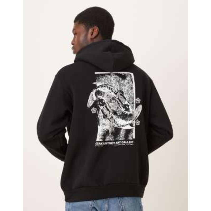 Selected oversized hoodie with koy fish graphic backprint in black