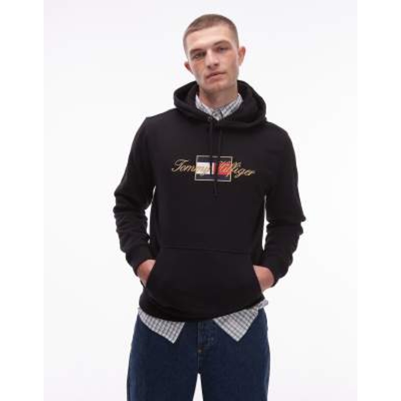 Tommy Hilfiger flag graphic hoodie in black with gold detail