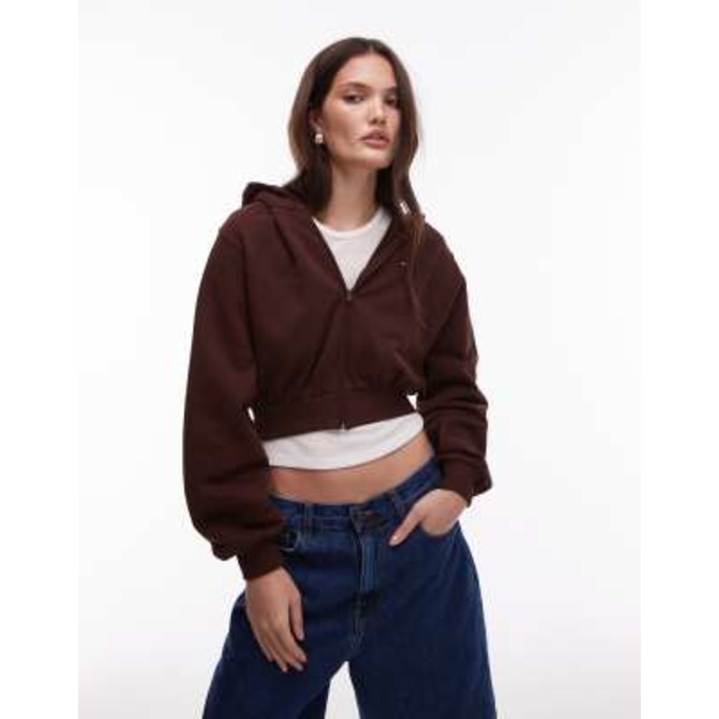 Tommy Jeans cropped zip up hoodie in chocolate brown