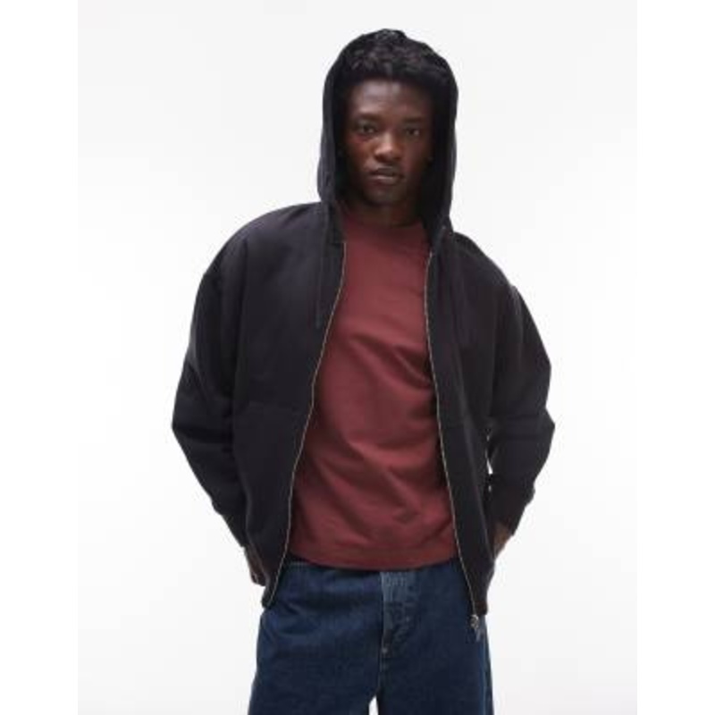 Topman heavyweight oversized fit zip up hoodie in black