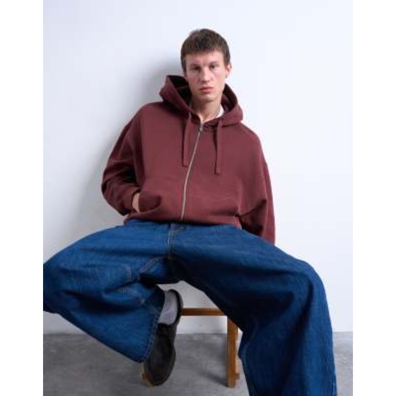 Topman heavyweight oversized fit zip up hoodie in brown