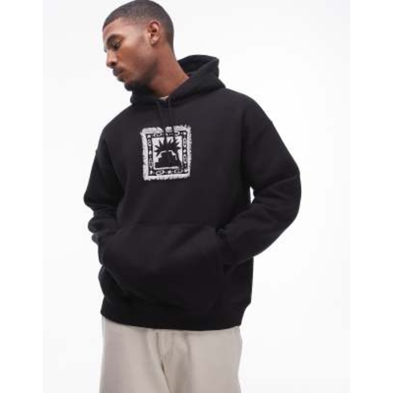 Topman oversized fit hoodie with frayed patch embroidery in black