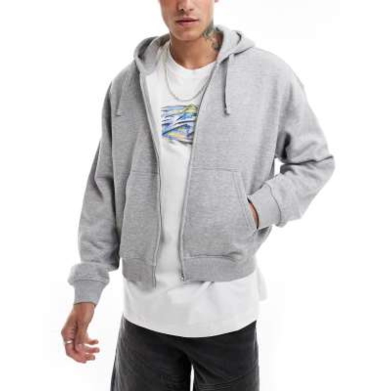 Weekday boxy fit zip through hoodie in gray melange