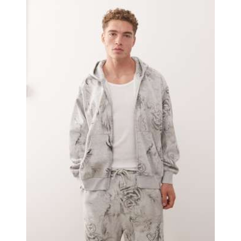 Weekday oversized boxy fit zip up hoodie with scribble graphic print in heather gray – part of a set