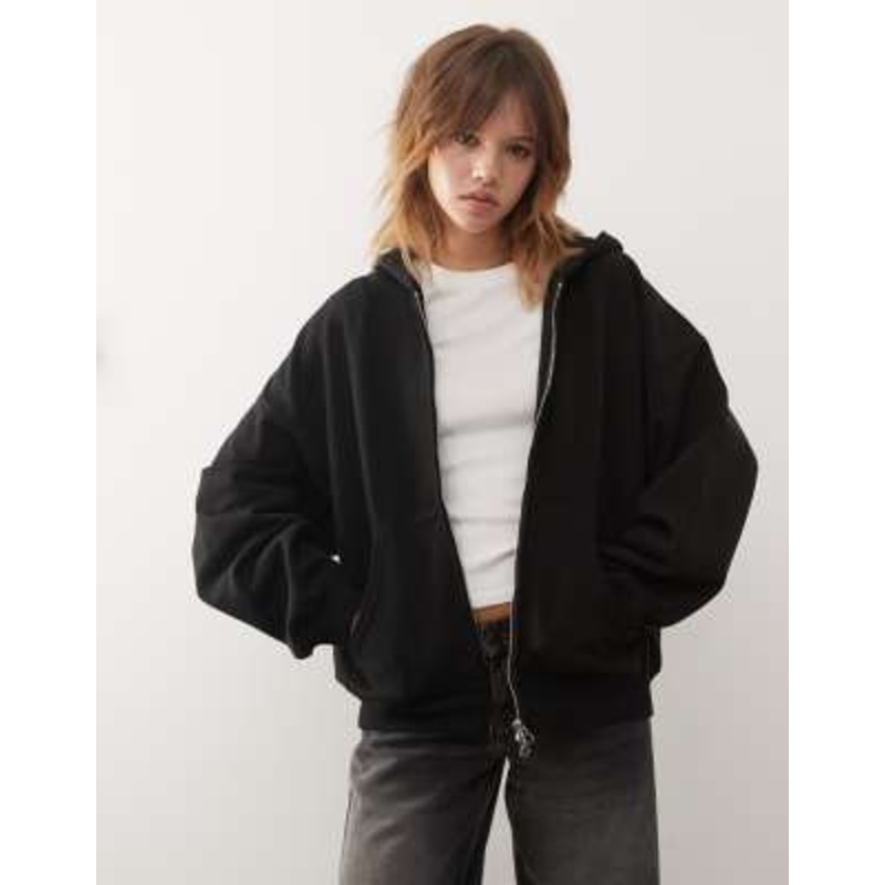 Weekday oversized heavyweight jersey zip through hoodie in black