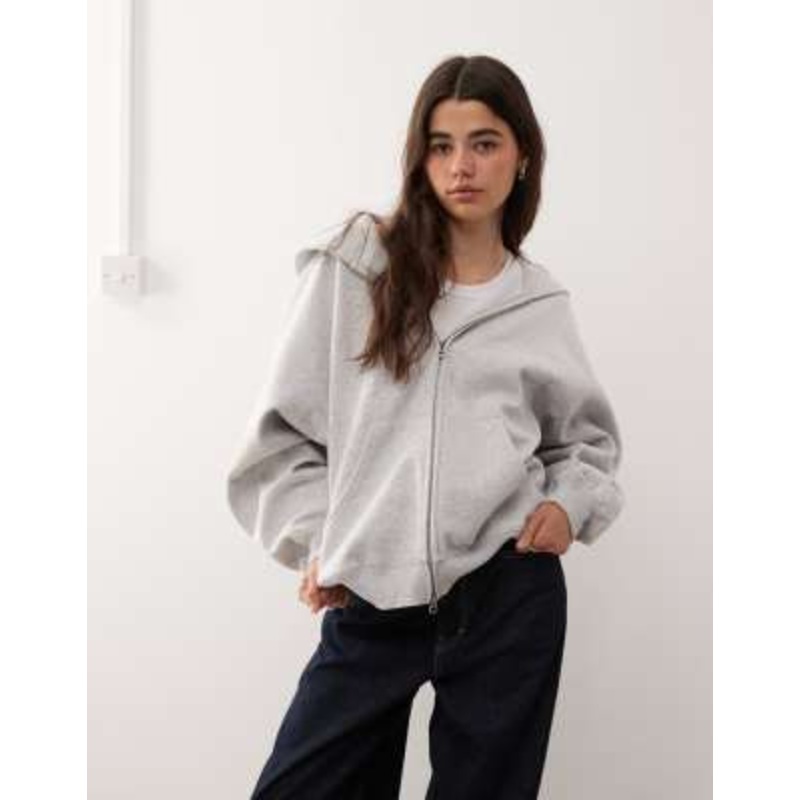 Weekday oversized heavyweight zip through jersey hoodie in gray melange