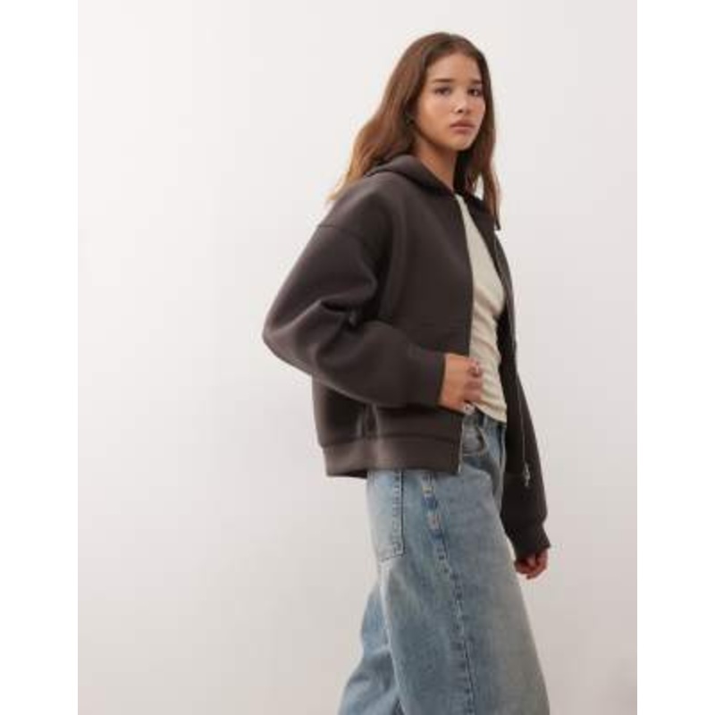 Weekday Scarlet oversized zip up hoodie in brown in scuba-style fabric