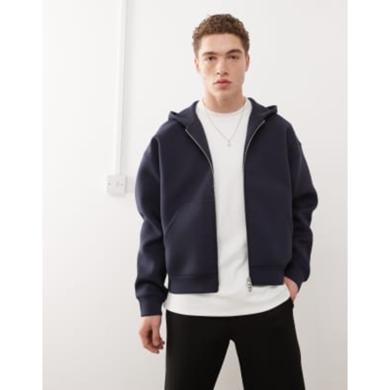 Weekday Simon zip up hoodie in navy in scuba-style fabric