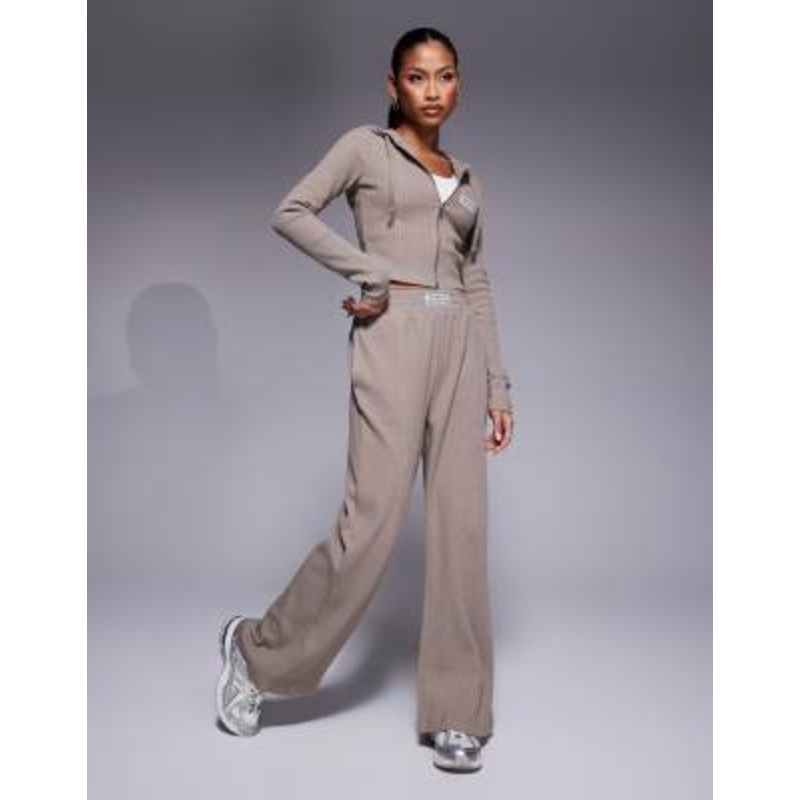 Weekend Collective waffle zip through hoodie and wide leg pants set in neutral