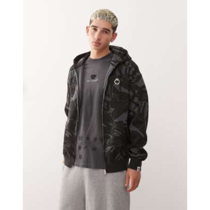 Aape by A Bathing Ape logo zip up hoodie with back print in dark gray camo