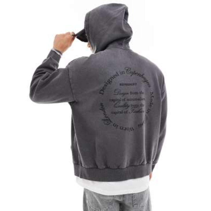 ADPT oversized hoodie with back print in gray acid wash