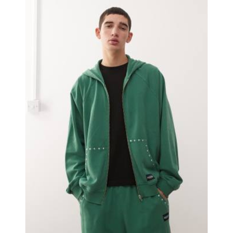 COLLUSION boxy zip up hoodie in green with studded detailing