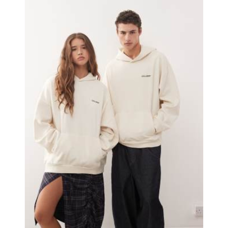 COLLUSION Unisex boxy hoodie in ecru with logo print