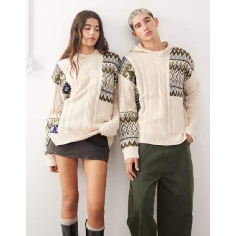 COLLUSION Unisex spliced fairisle cable knit hoodie