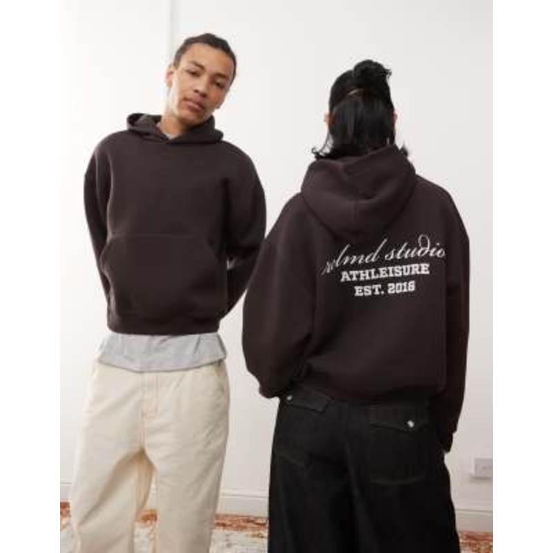 Reclaimed Vintage unisex cropped boxy logo hoodie in chocolate