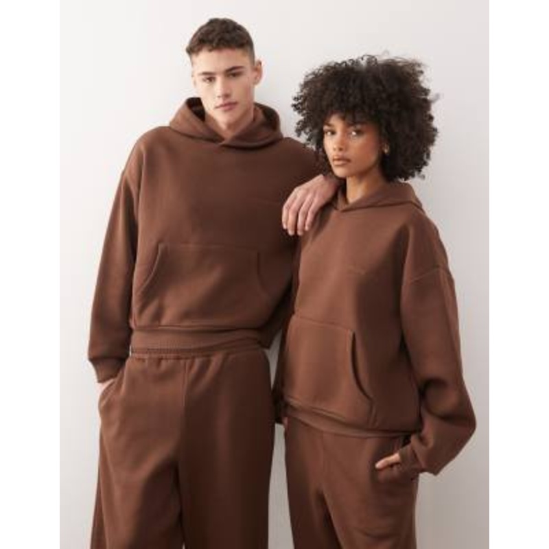 Reclaimed Vintage unisex heavyweight boxy hoodie in chocolate brown – part of a set