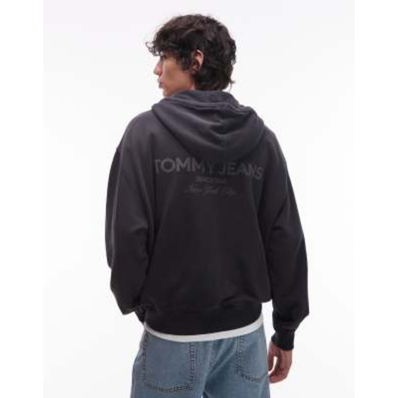 Tommy Jeans boxy relaxed zip up hoodie in washed black