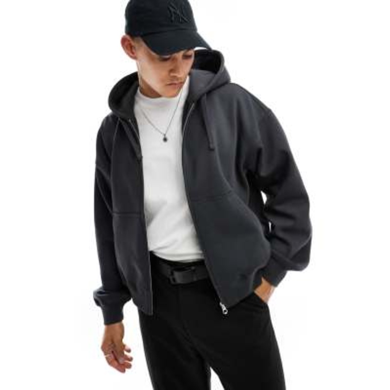 Weekday boxy fit zip up hoodie in off-black