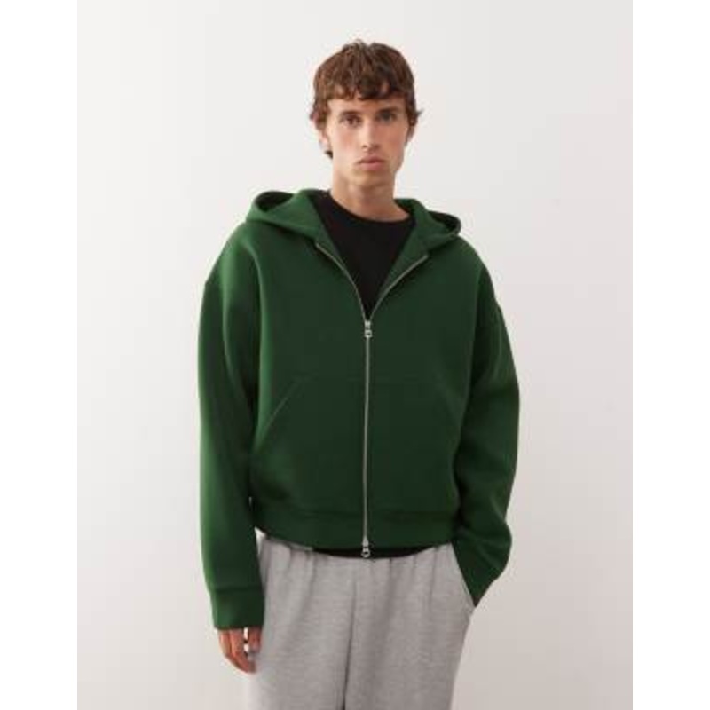 Weekday Simon zip up hoodie in dark green in scuba-style fabric