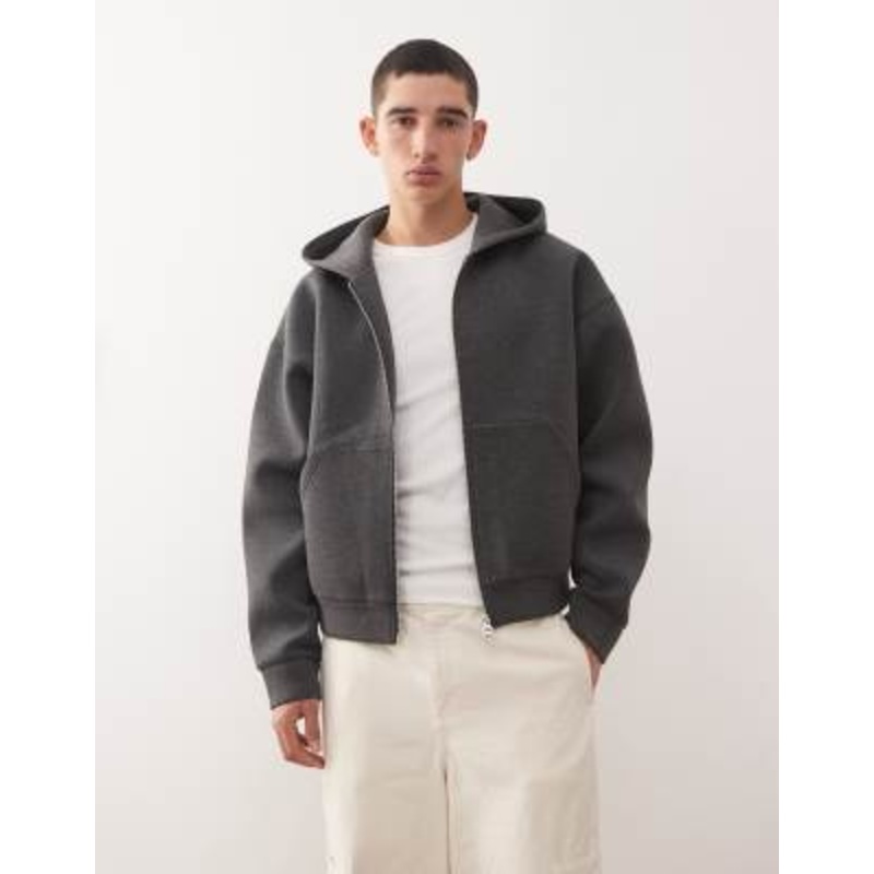 Weekday Simon zip up hoodie in dark heather gray scuba-style fabric