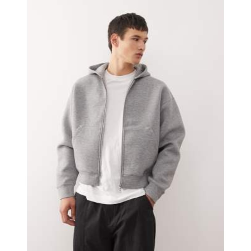 Weekday Simon zip up hoodie in gray melange in scuba-style fabric