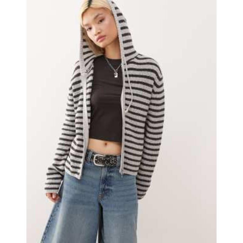 Weekday slim fit knit hoodie in gray and black stripes