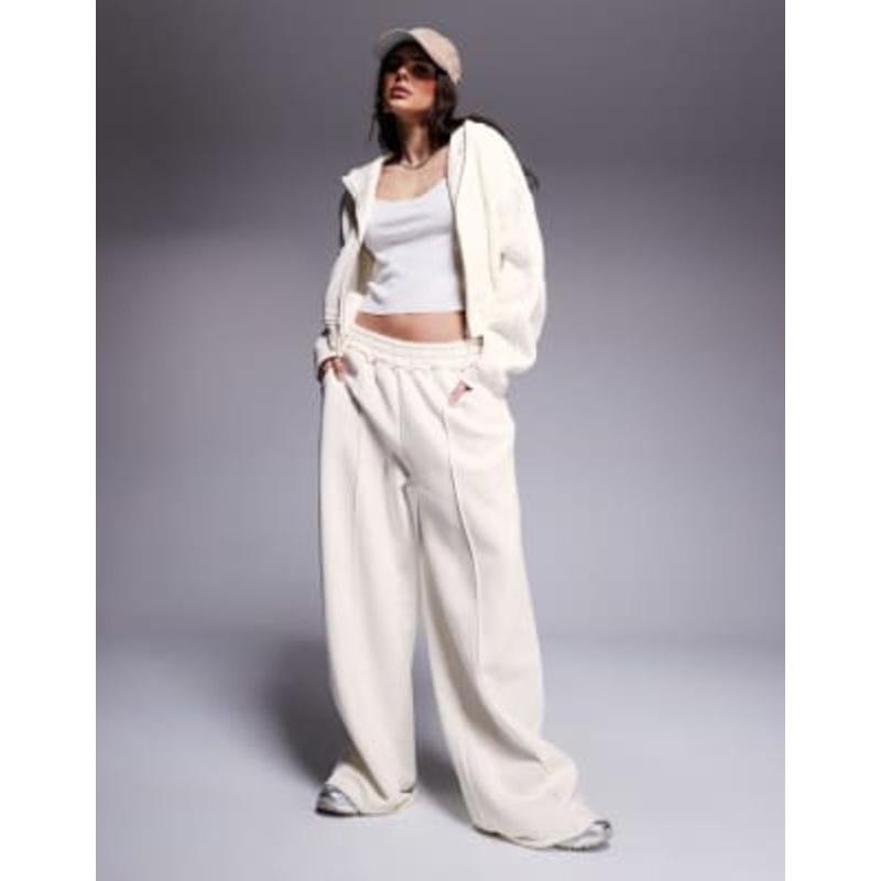 Weekend Collective zip through cropped hoodie and wide leg sweatpants set in cream