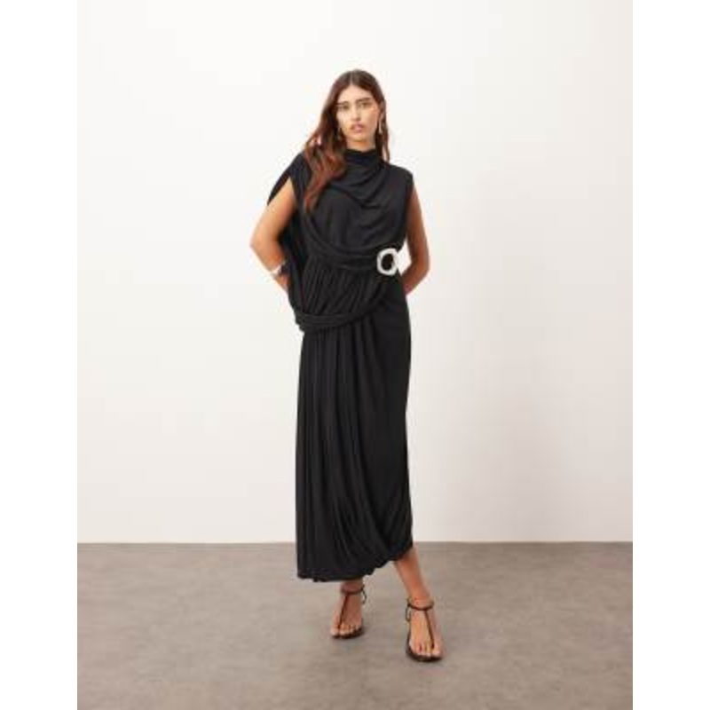 ARRANGE sleeveless draped hem midi dress with buckle trim detail in black
