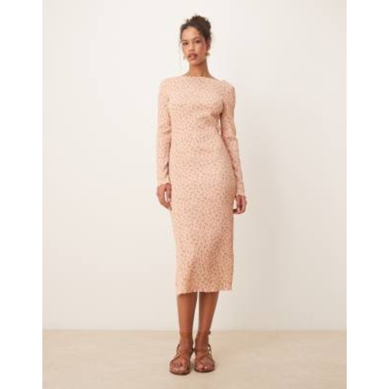 AWARE plisse midi dress in light pink floral print