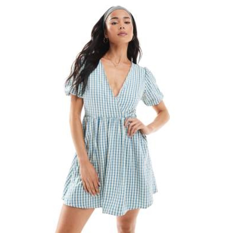 Daisy Street puff sleeve tie waist mini dress in blue gingham