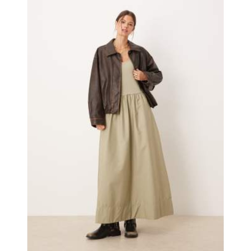 Mango cotton drop waist maxi dress in khaki