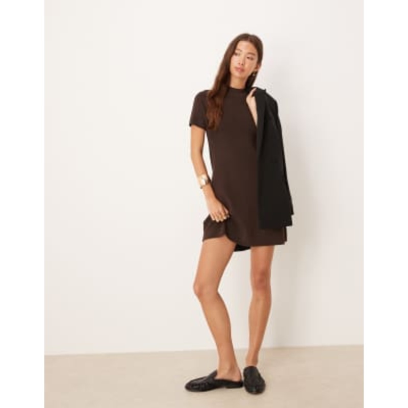 Mango knit high neck short sleeve mini dress in brown