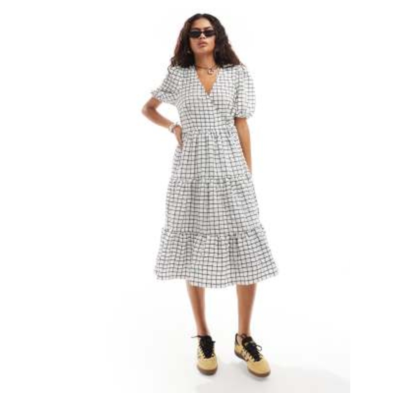 Monki wrap midi smock dress with tiered hem in white and black pane check