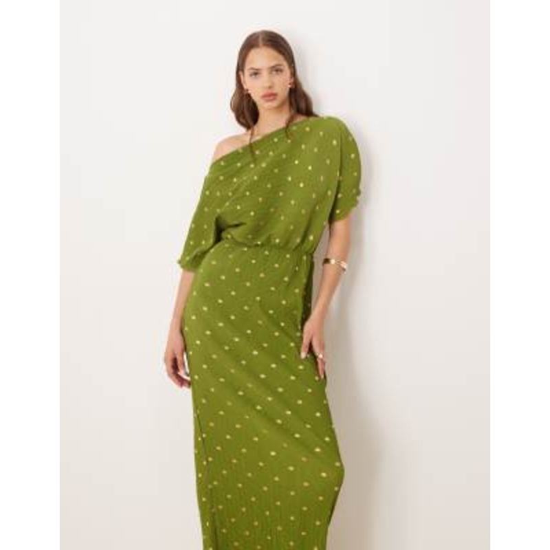 Never Fully Dressed Tilly plisse off shoulder midaxi dress in olive