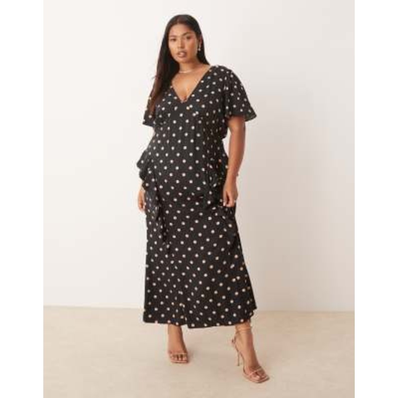 Nobody’s Child Plus Lyndsey ruffle detail midi dress in black/dot