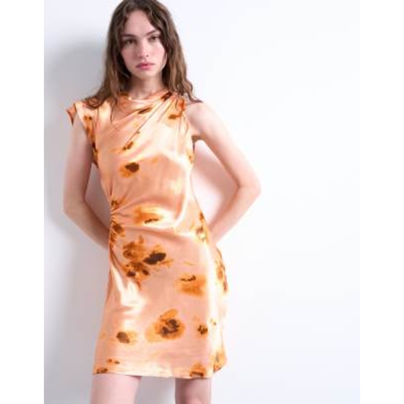 Topshop grown one shoulder ruched waist mini dress in print