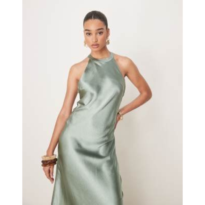 YAS high neck satin maxi dress in soft green