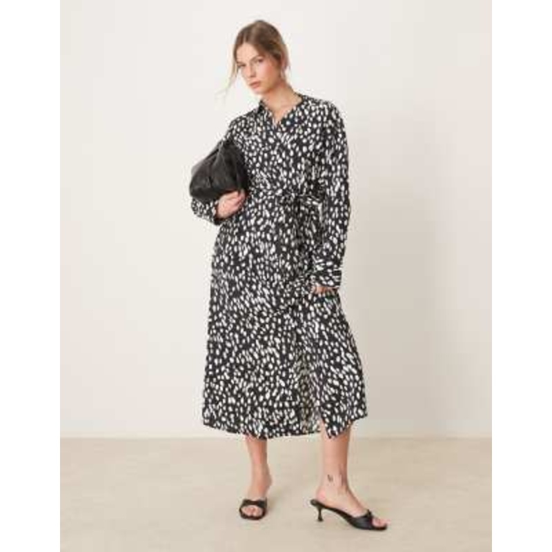 YAS tie waist maxi shirt dress in black spot print