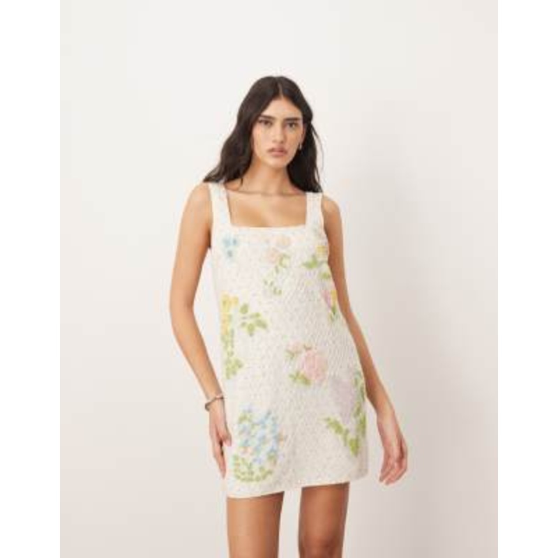 ARRANGE embellished botanical floral beaded square neck mini dress in white