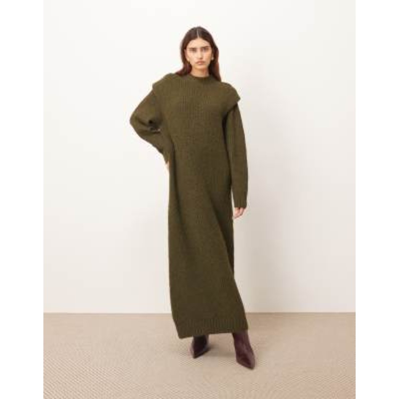 ARRANGE rib knit shoulder pads midi dress in olive