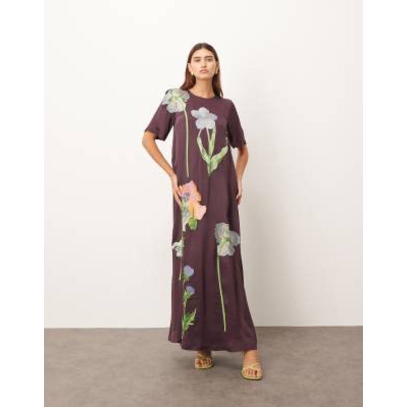 ARRANGE satin floral embroidered t-shirt maxi dress in chocolate