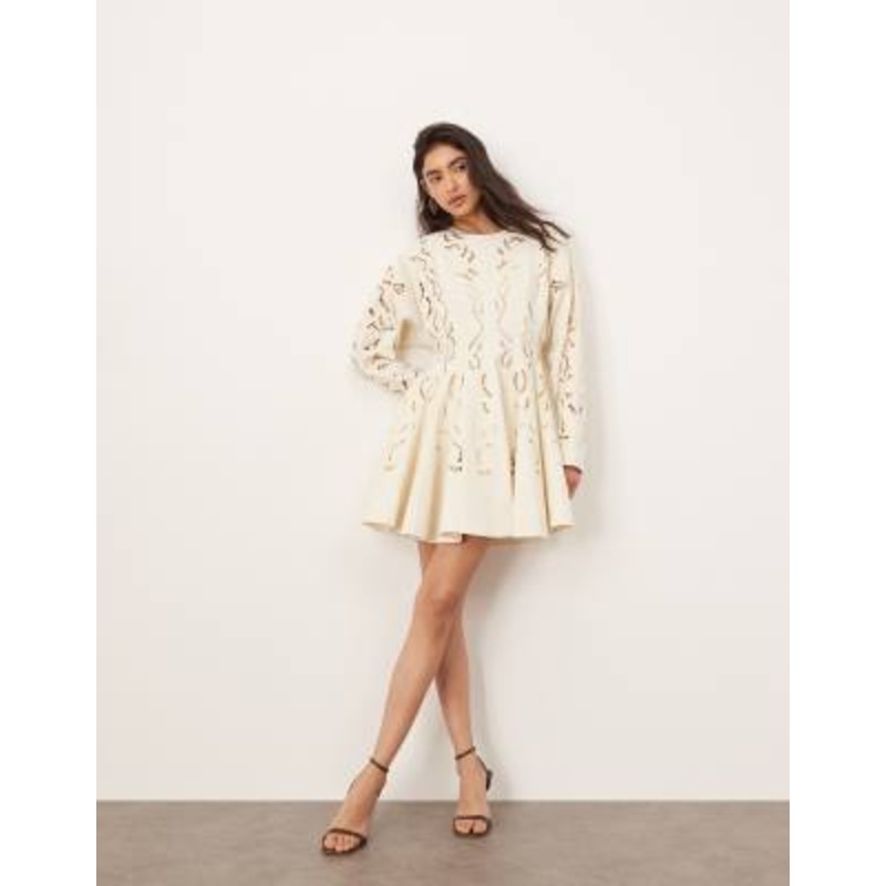 ARRANGE twill embroidered cutwork mini skater dress in ecru