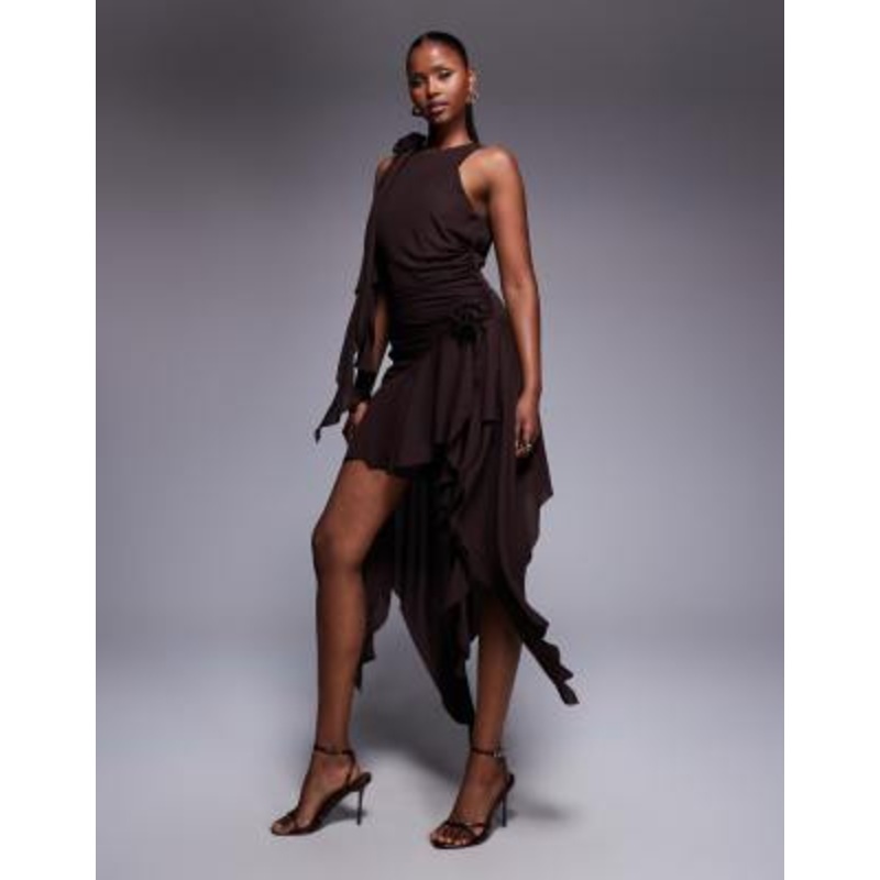Bardot corsage ruffle mini dress in chocolate