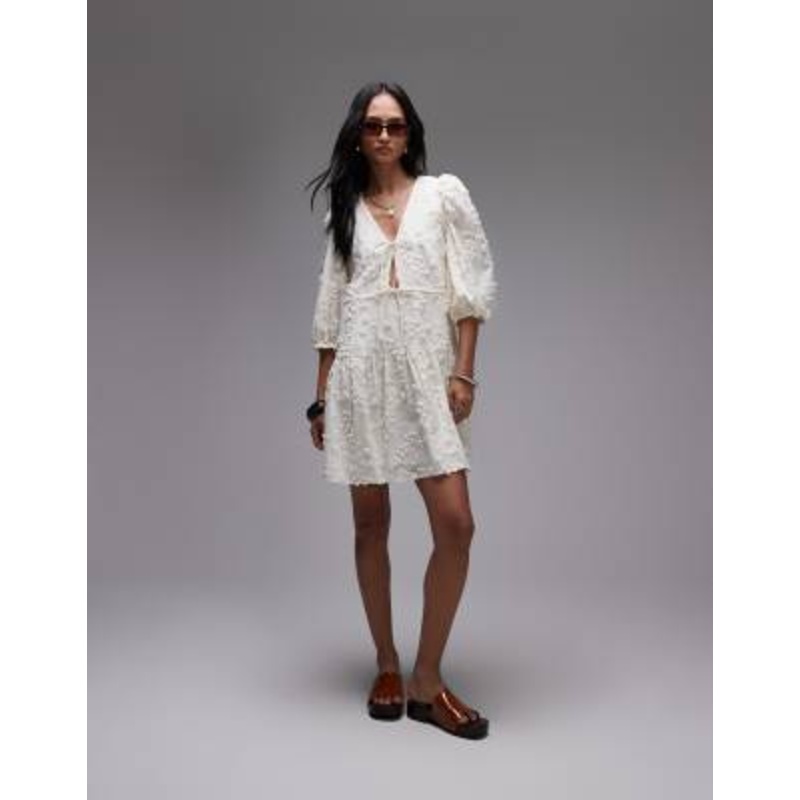 & Other Stories embroidered mini dress with front tie detail and tiered hem in white