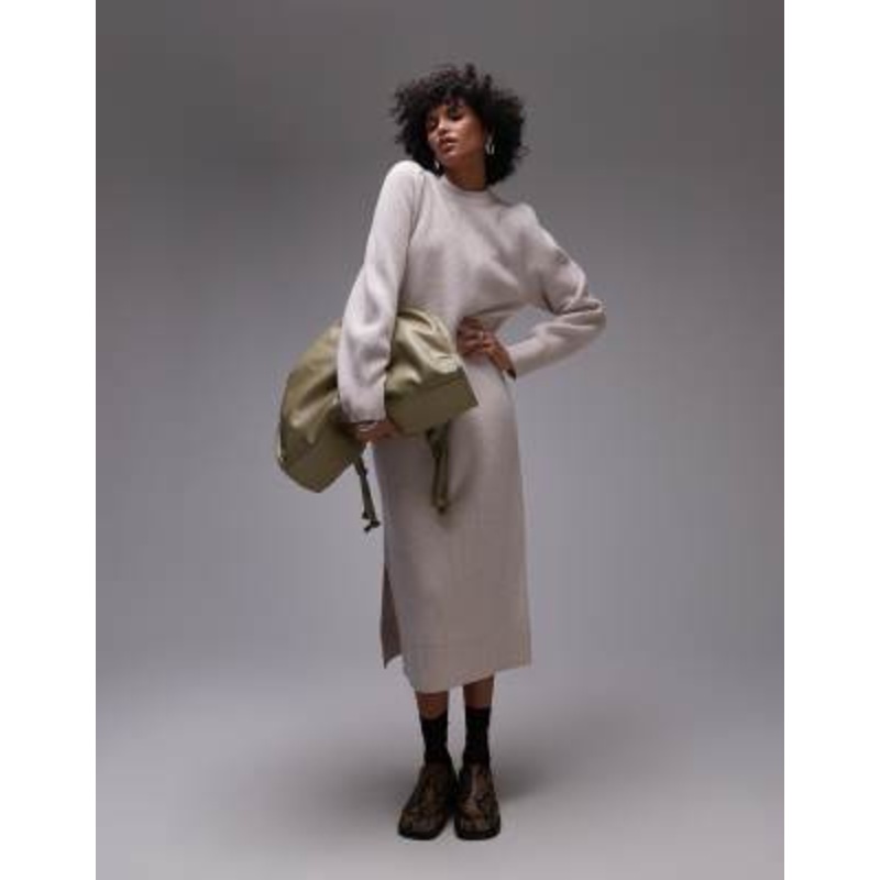 & Other Stories wool midaxi dress with puff sleeves in light beige