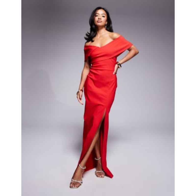 Vesper Petite bengaline cross front off the shoulder maxi dress in red
